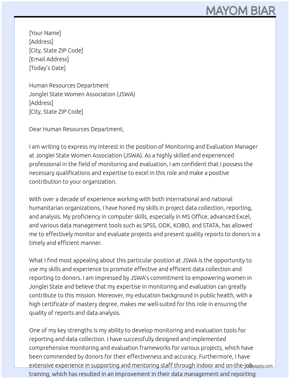 Monitoring and Evaluation Manager At Jonglei Sate Women Association(JSWA)) Cover Letter