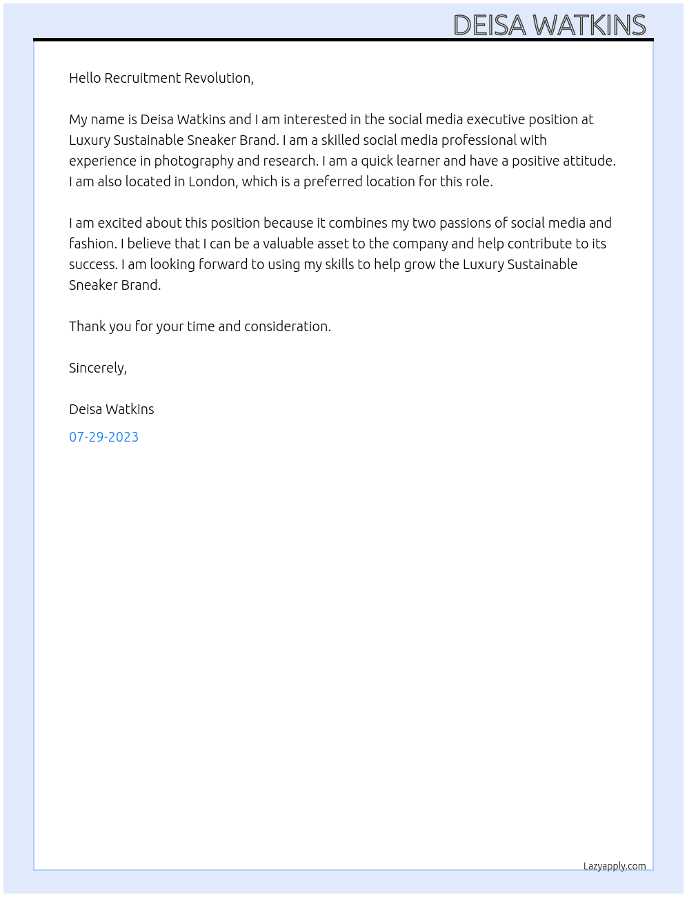 social media executive  At Luxury Sustainable Sneaker Brand Cover Letter