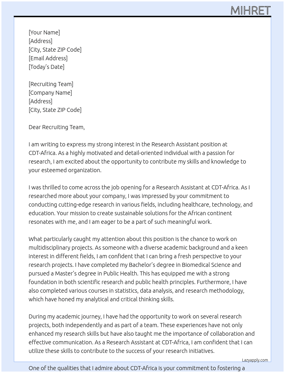 research assistant  At CDT- Africa Cover Letter