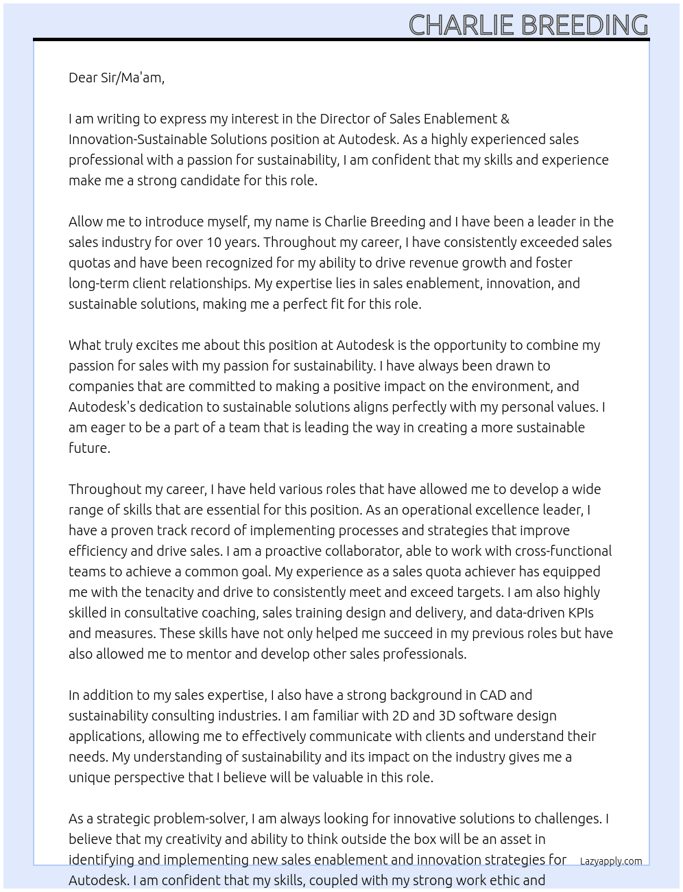 Director of Sales Enablement & Innovation-Sustainable Solutions At Autodesk Cover Letter