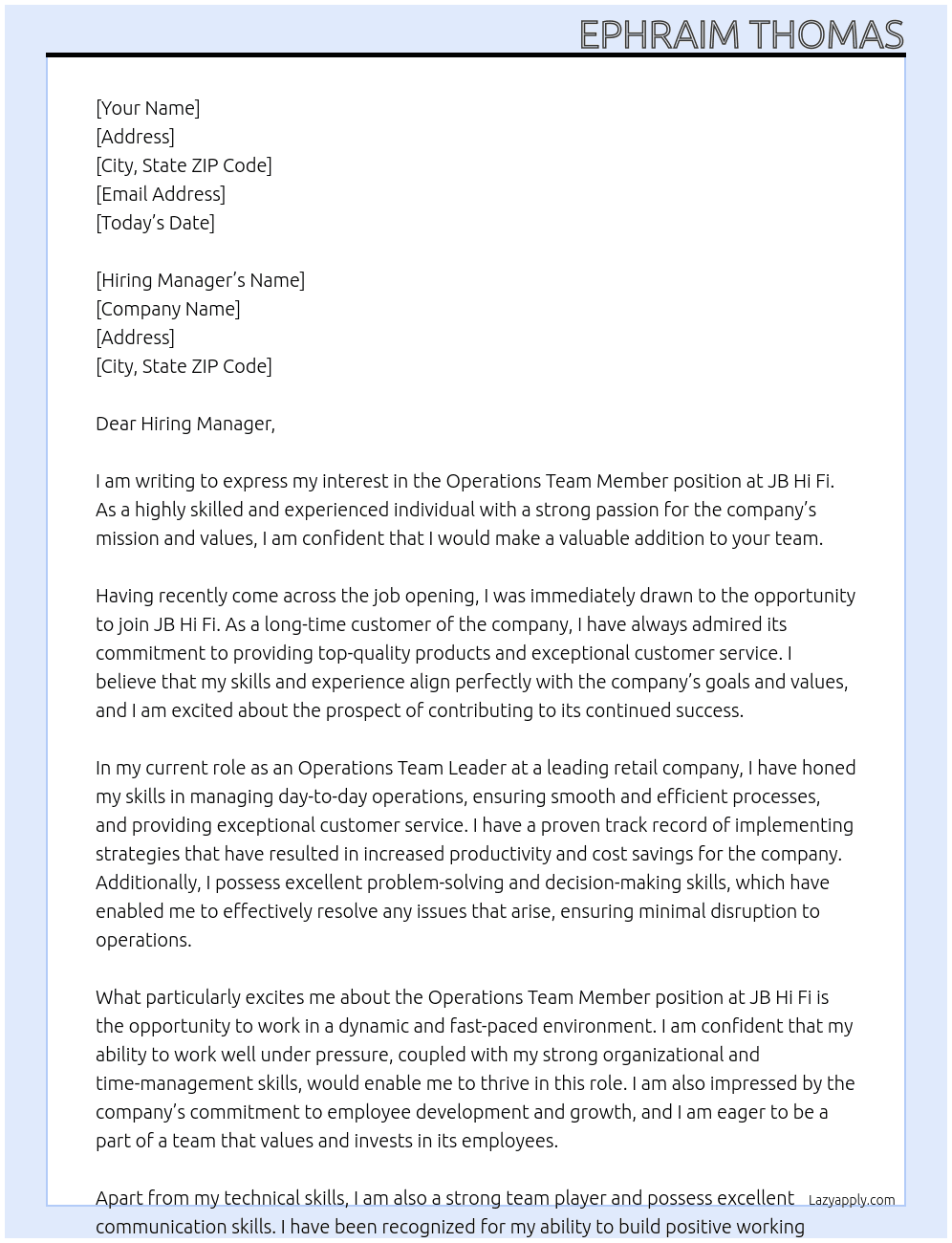 operations team menber At JB Hi Fi Cover Letter