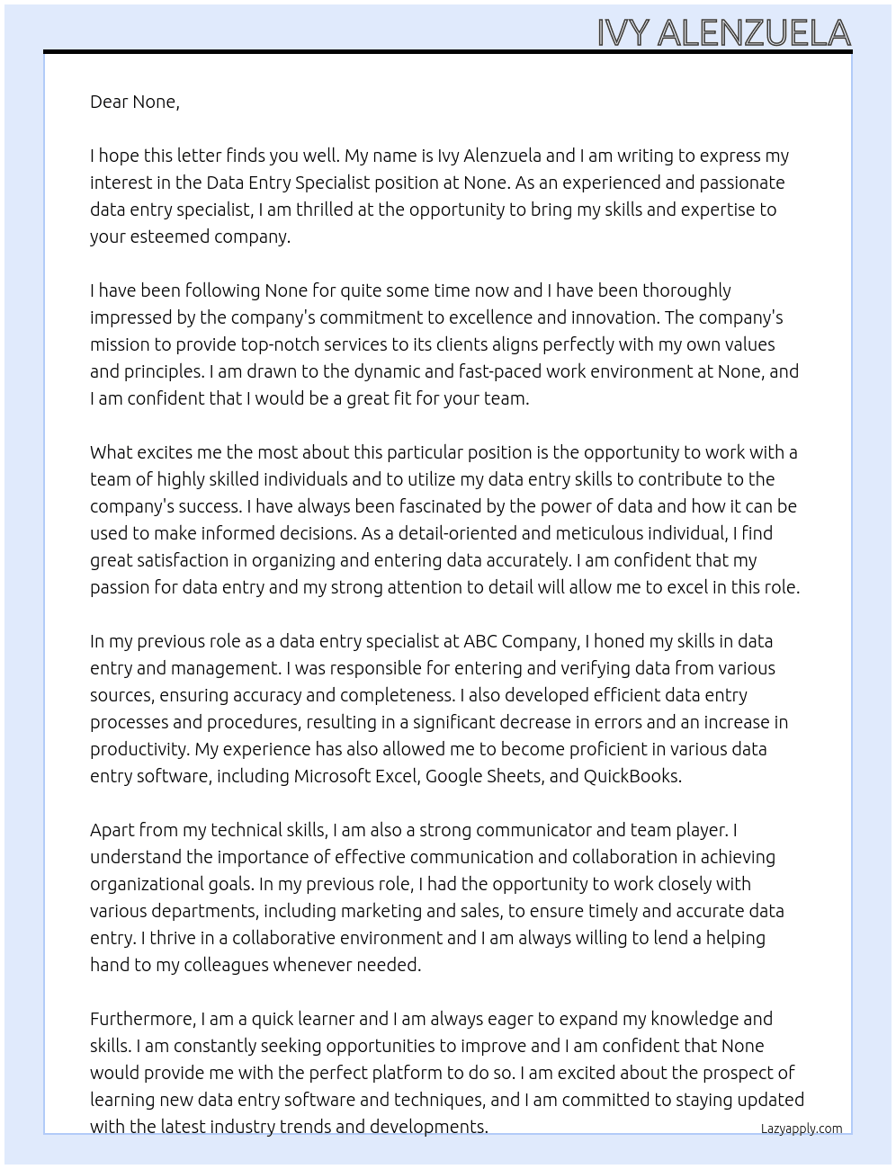 Data entry specialist At None Cover Letter