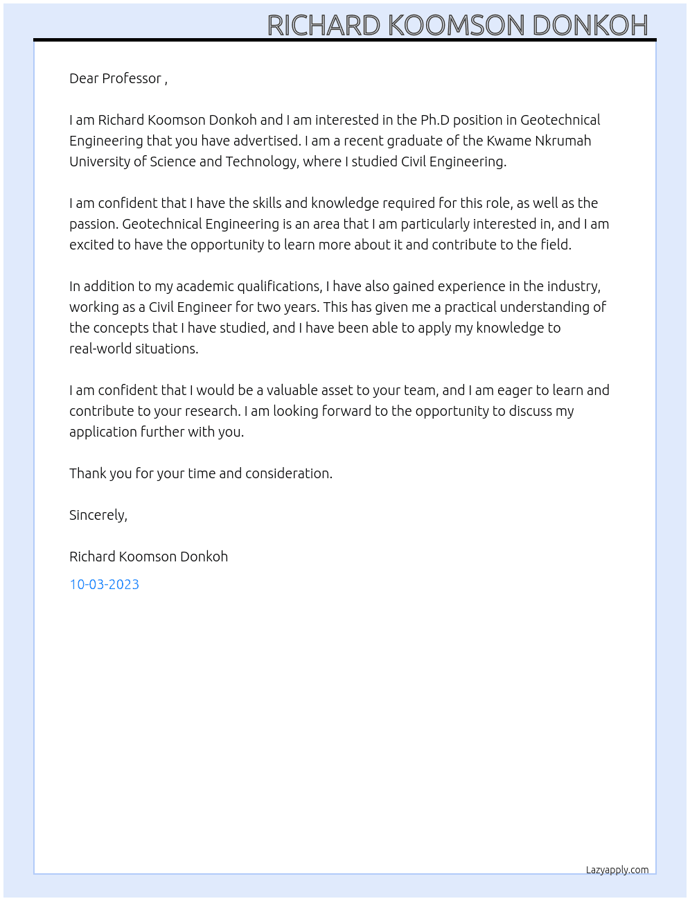 Geotechnical Engineering  At Ph.D position in Geotechnical Engineering  Cover Letter
