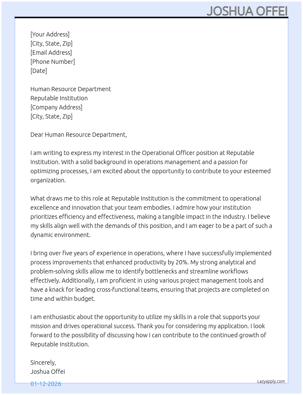 Operational Officer At Reputable Institution Cover Letter