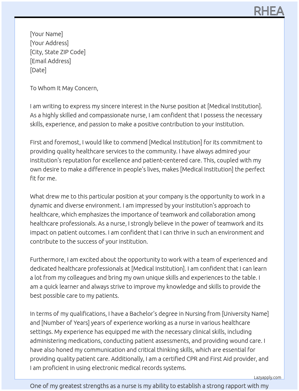 Nurse At Medical Institution Cover Letter
