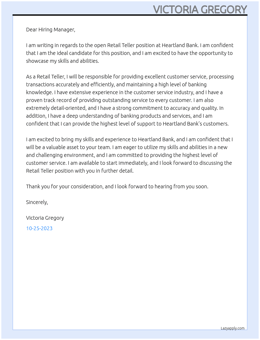 Retail Teller At Heartland Bank Cover Letter