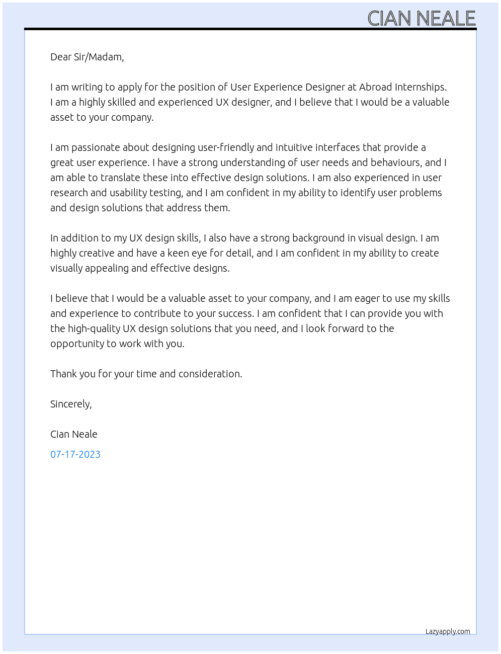 User Experience Designer At Abroad Internships Cover Letter