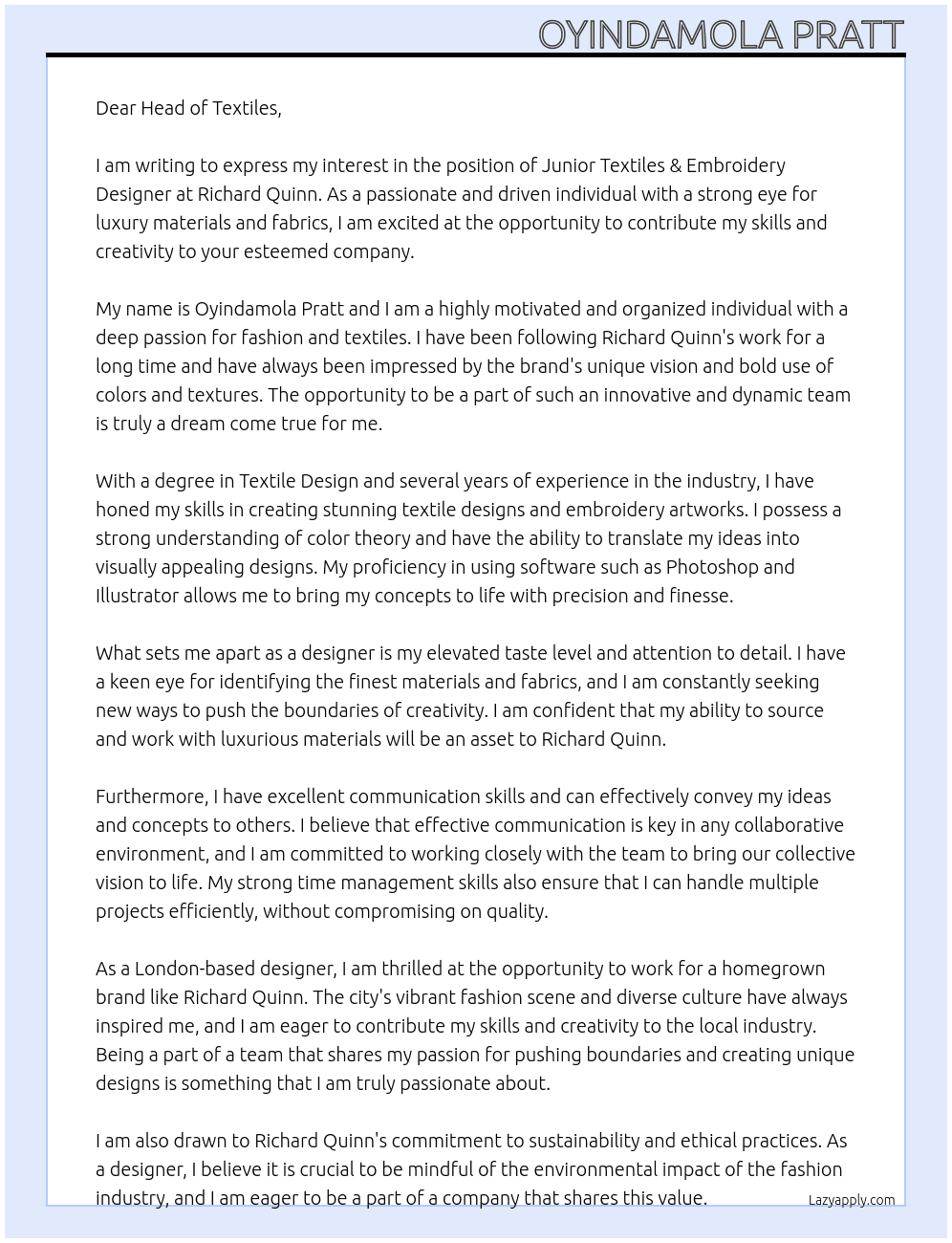 Junior Textiles & Embroidery Designer At Richard Quinn Cover Letter