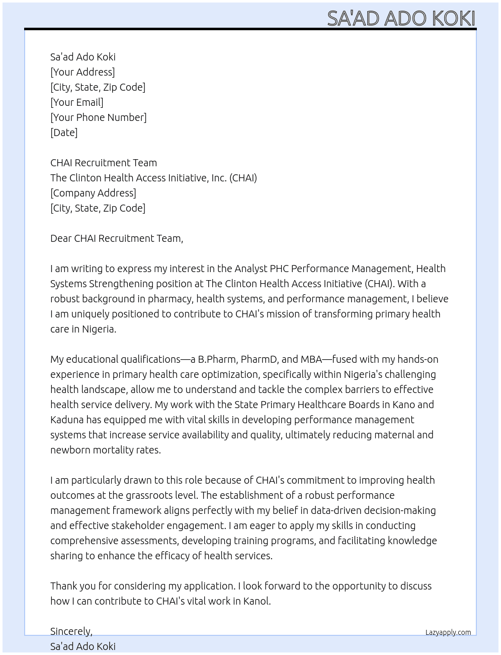 Cover letter for analyst phc performance management, health systems strengthening - LazyApply