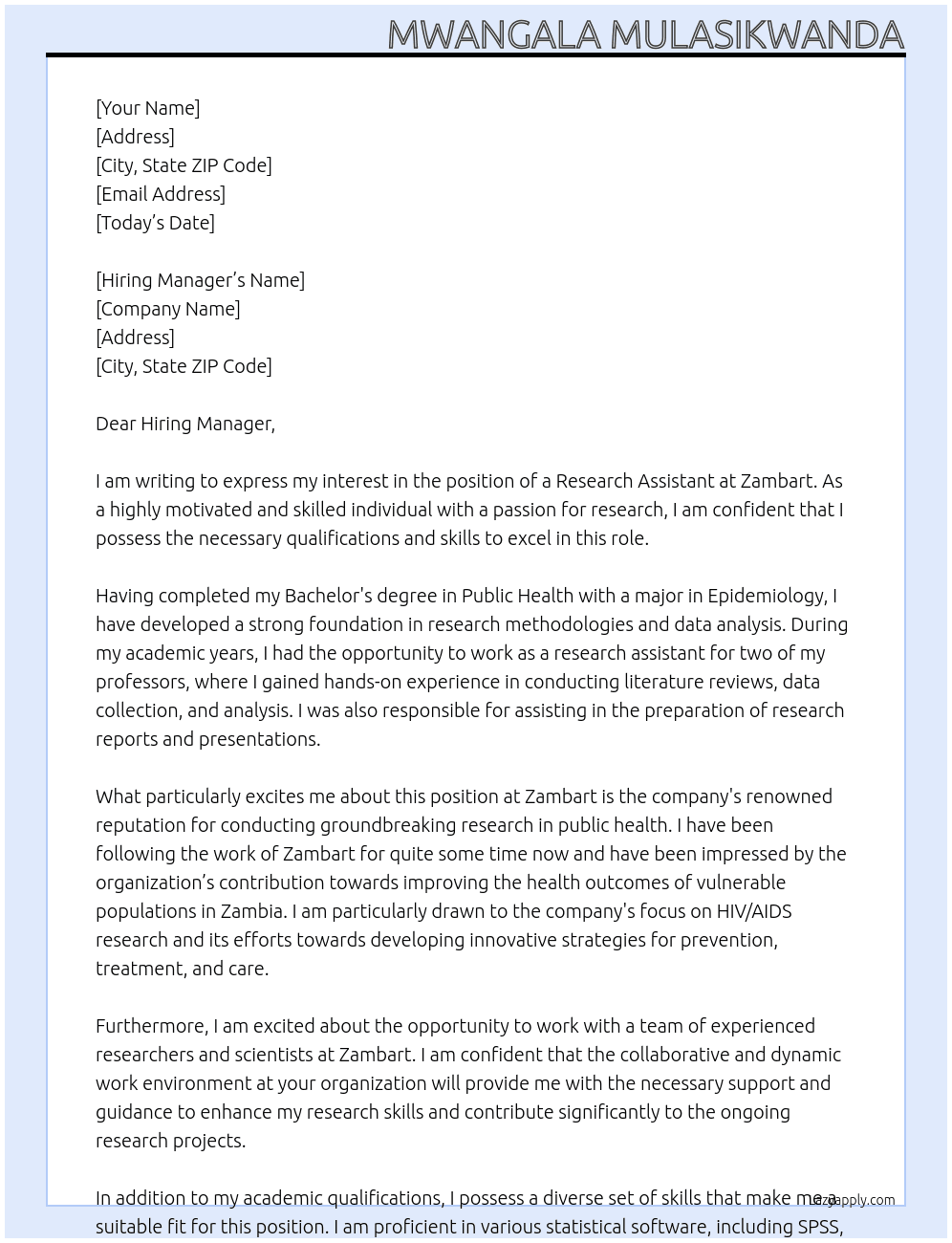 Research assistant  At Zambart Cover Letter
