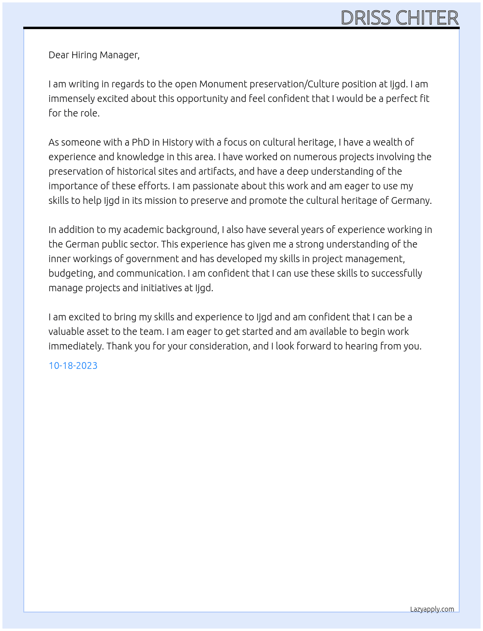 Monument preservation/Culture At Ijgd  Cover Letter