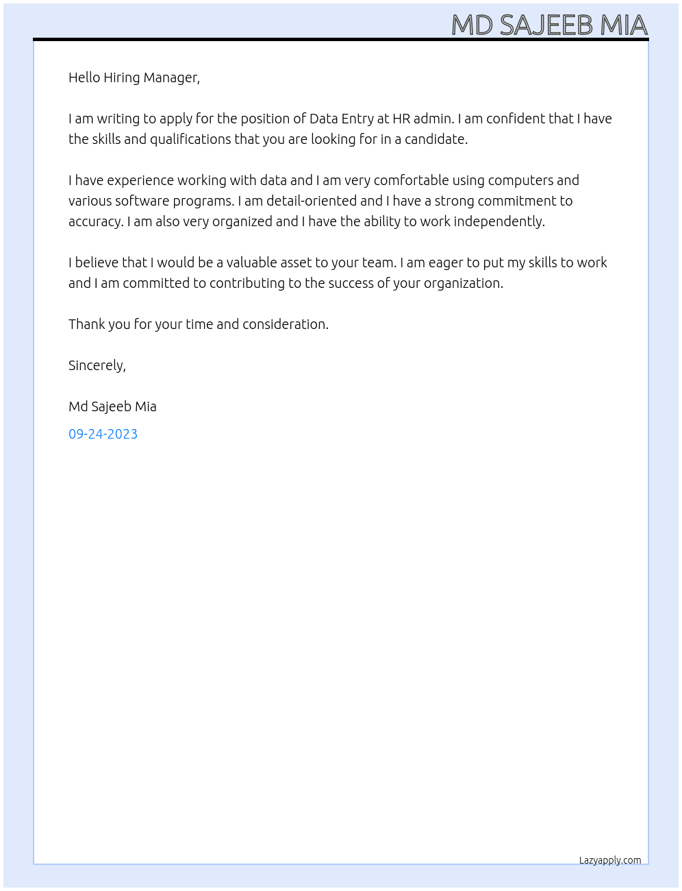 Data Entry At HR admin Cover Letter