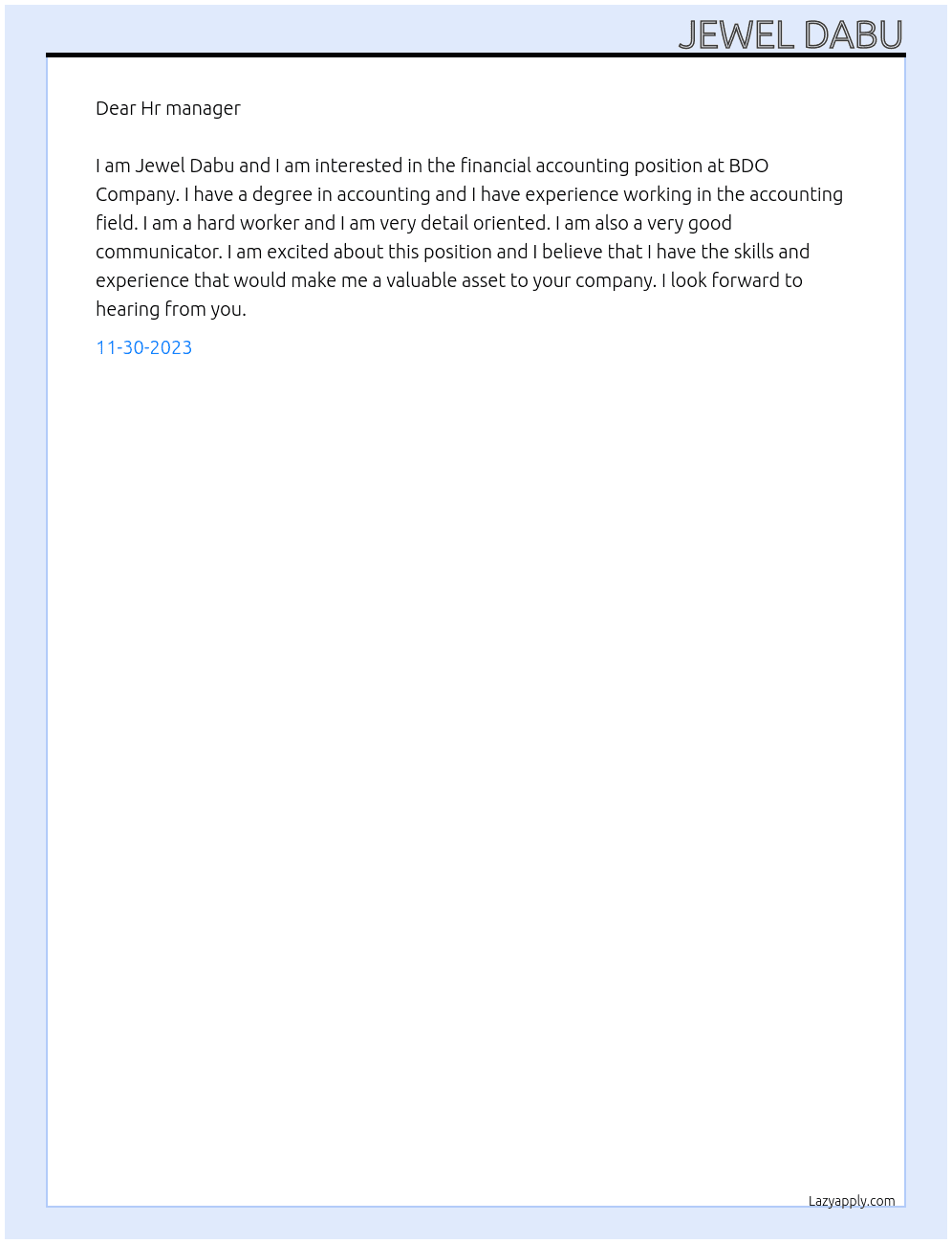Financial accounting  At BDO Company  Cover Letter