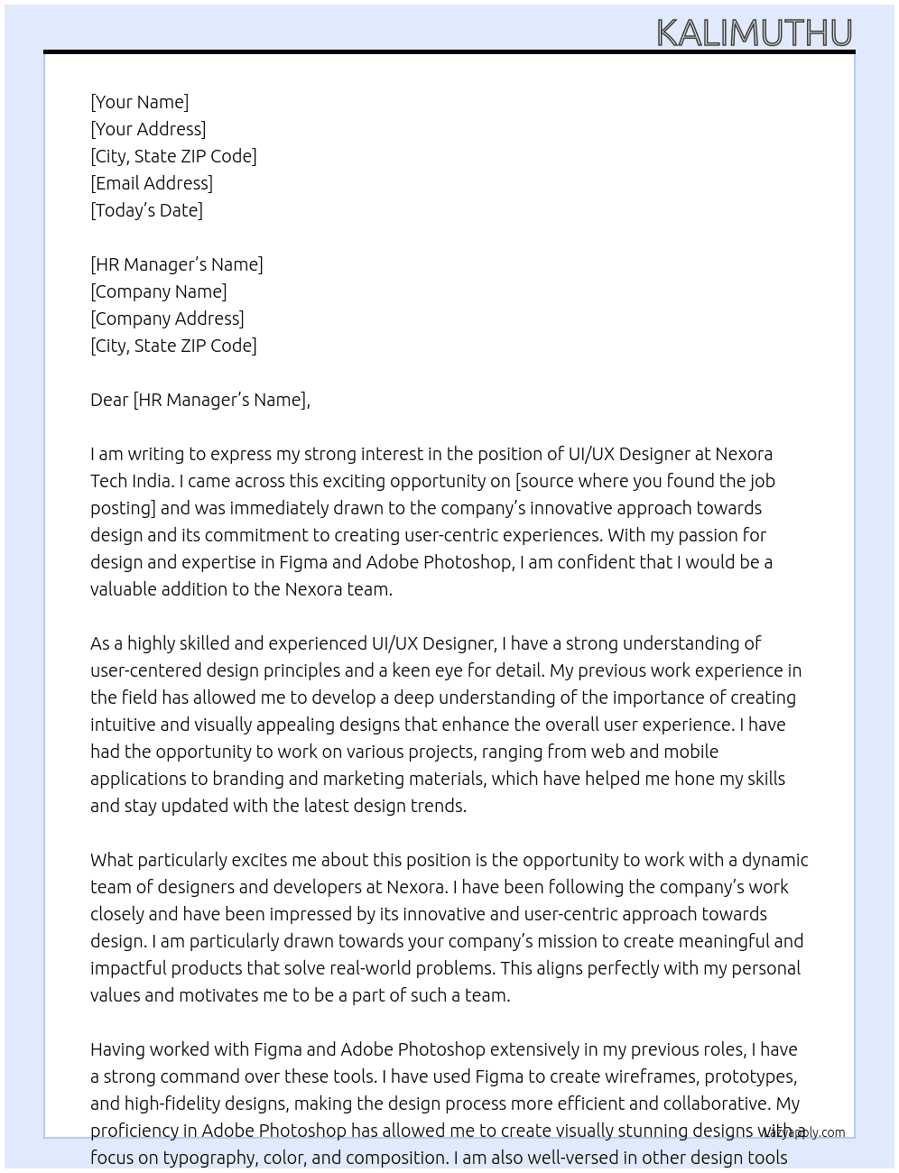 UI/UX Designer  At Nexora tech india Cover Letter