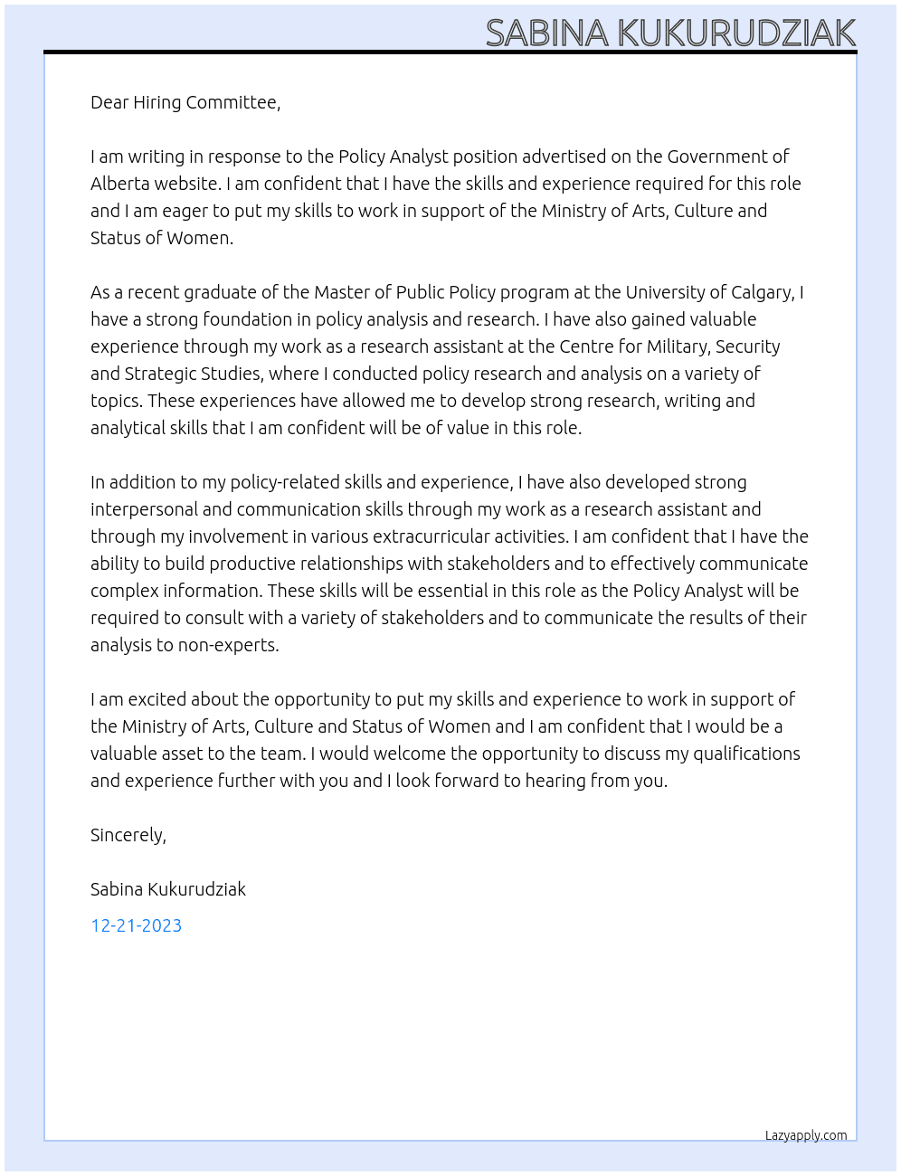 Policy Analyst At The Ministry of Arts, Culture and Status of Women within the Government of Alberta Cover Letter