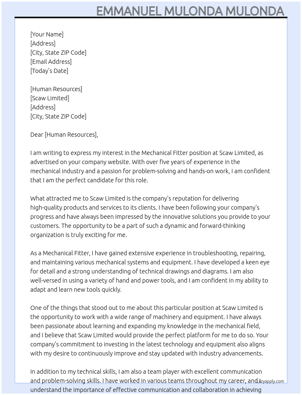 Mechanical fitter  At Scaw Limited  Cover Letter