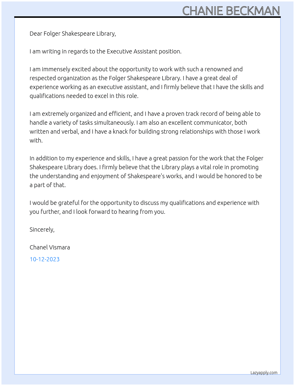 Executive Assistant At Folger Shakespeare Library Cover Letter