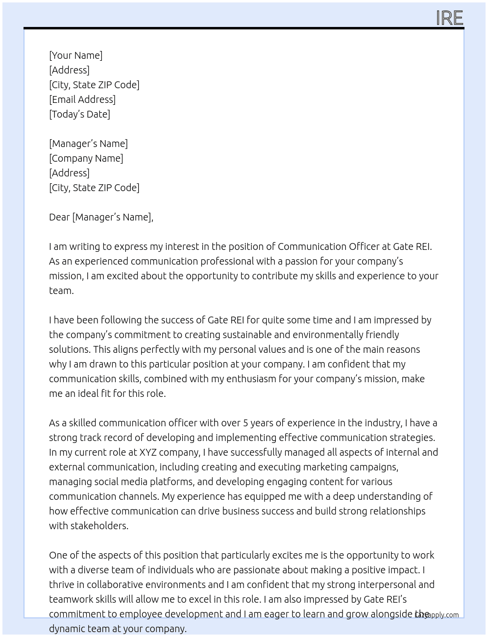 communication officer At gate rei Cover Letter