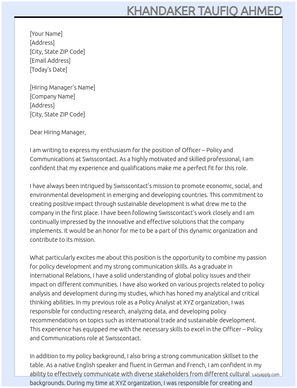 OFFICER – POLICY AND COMMUNICATIONS At Swisscontact Cover Letter