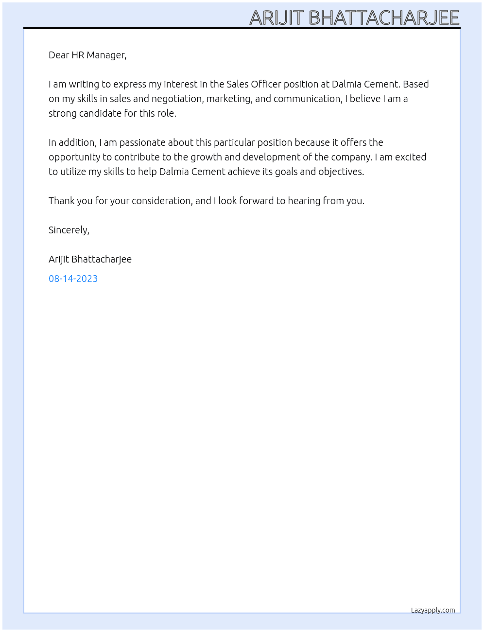 Sales Offuicer At Dalmia Cement Cover Letter