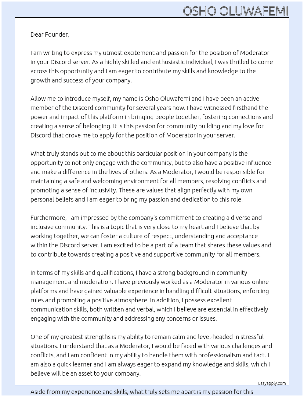 moderator At Discord server Cover Letter