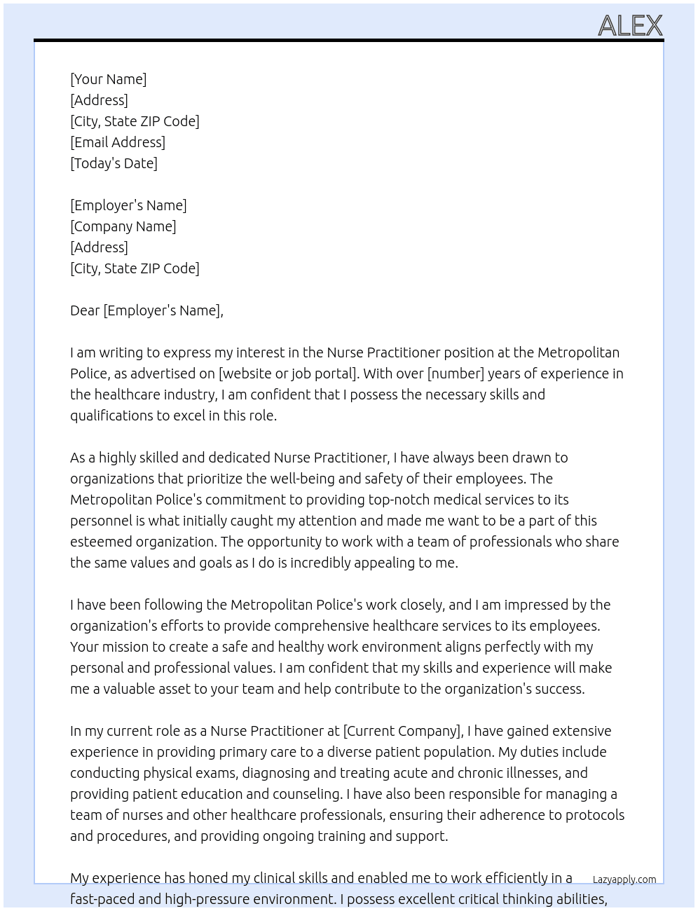 nurse practitioner At metropolitan police Cover Letter