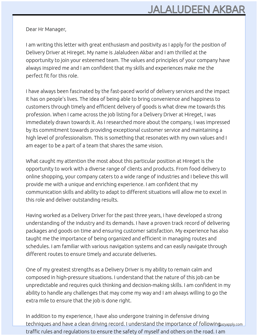 delivery driver  At Hireget  Cover Letter