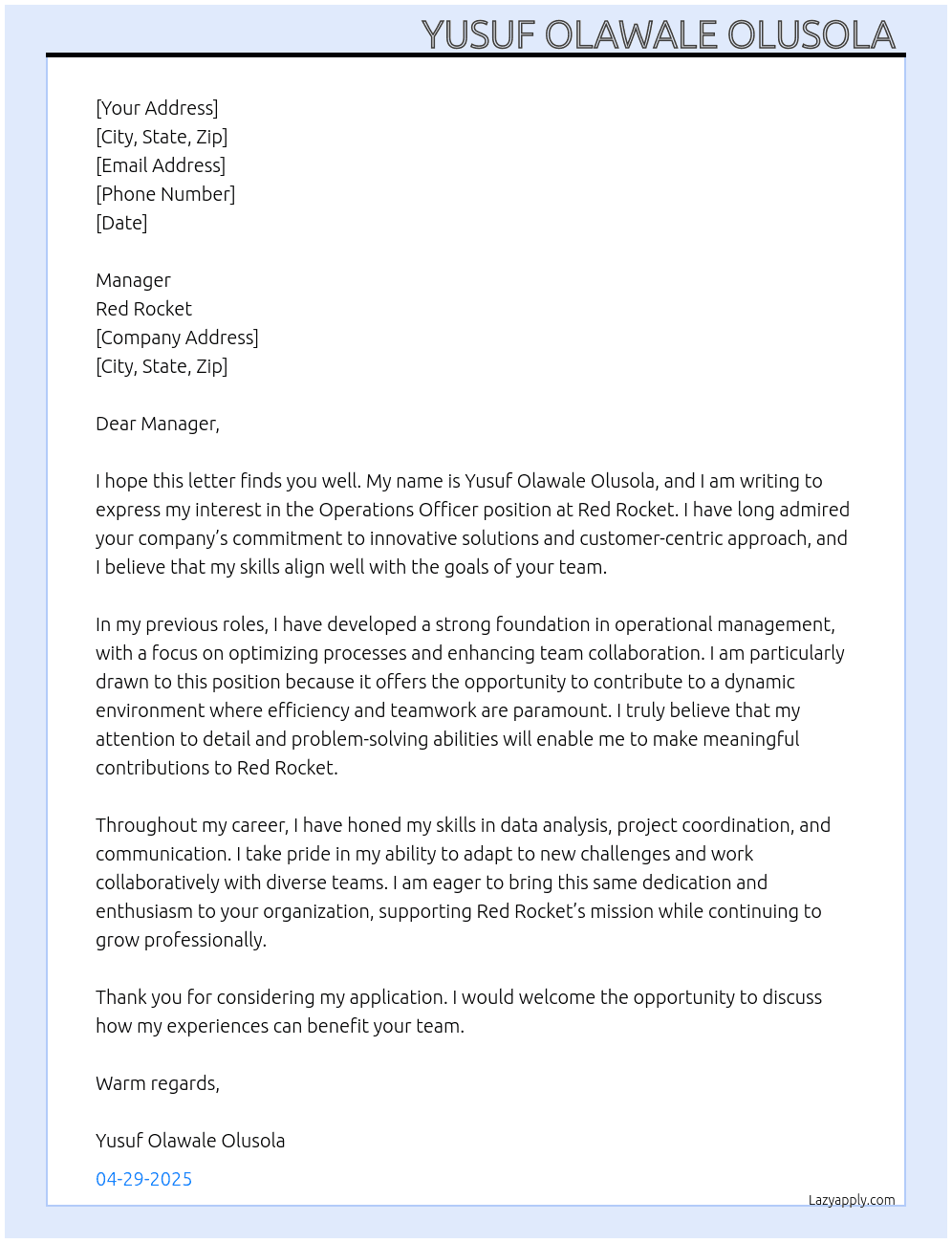 Operation officer  At Red Rocket  Cover Letter