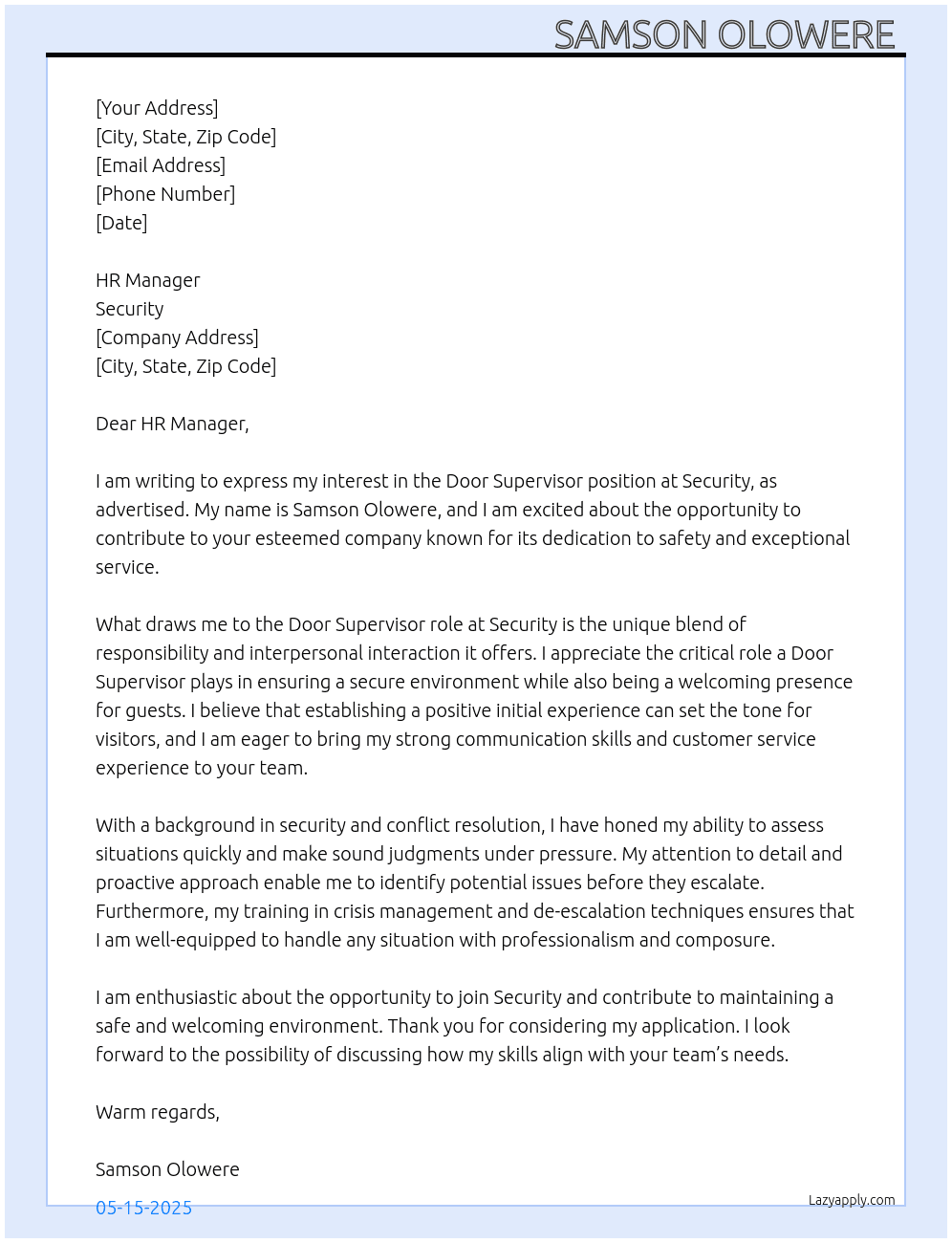 door supervisor  At security  Cover Letter