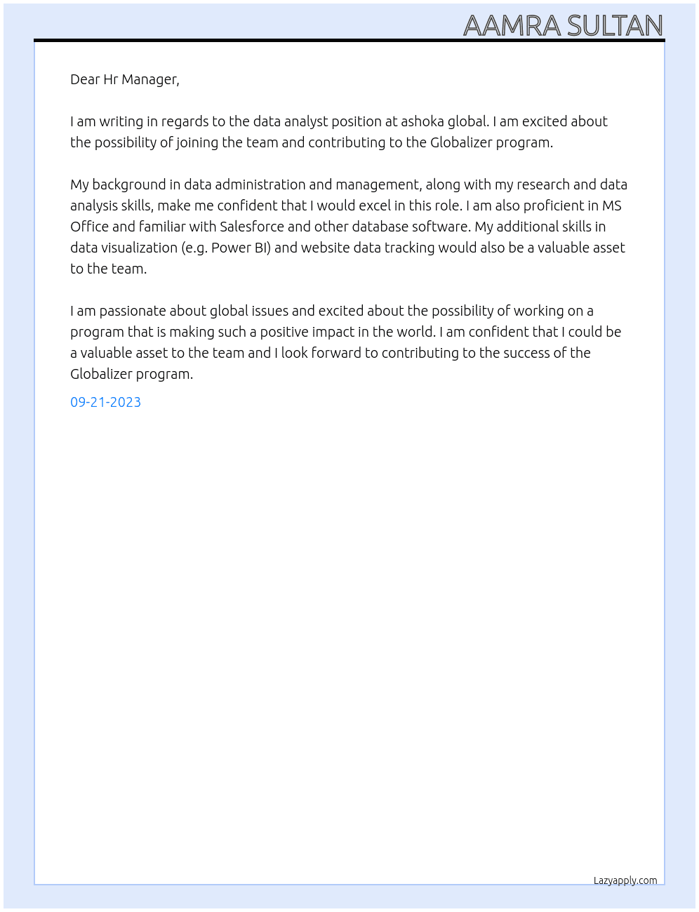 data analyst At ashoka global Cover Letter