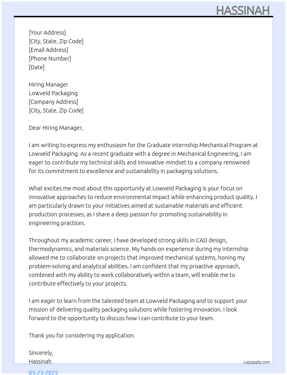 Graduate Internship Mechanical Program  At Lowveld Packaging  Cover Letter