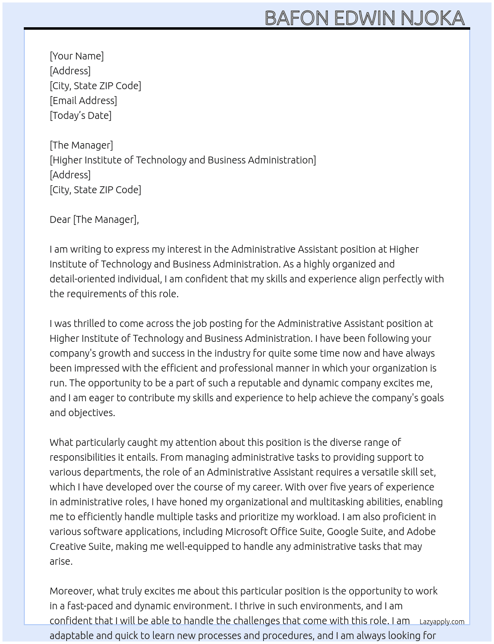 Administive assistant  At Higher institute of technology and business administration  Cover Letter