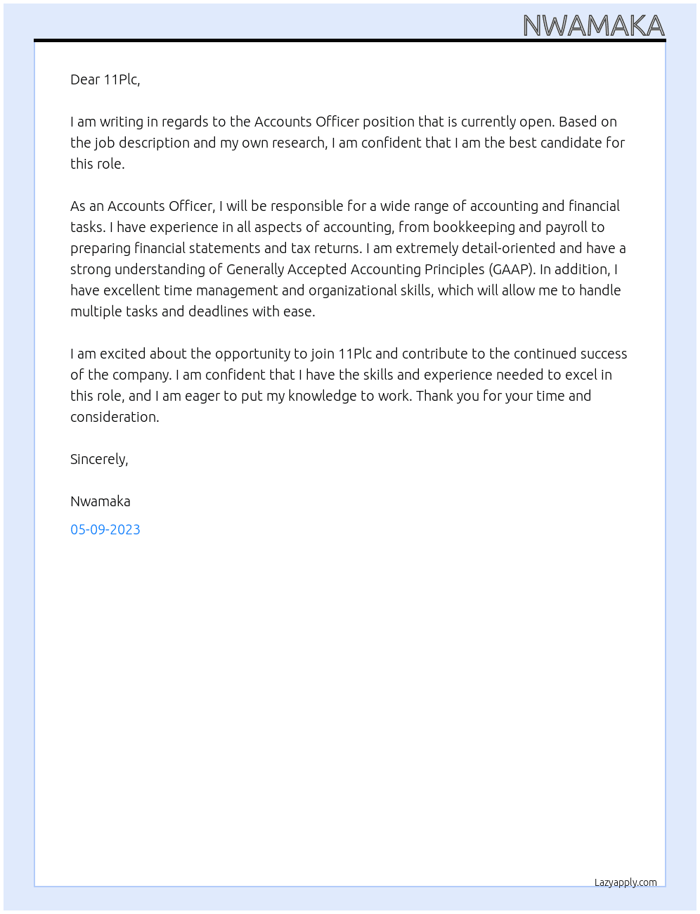 Accounts Officer At 11Plc Cover Letter