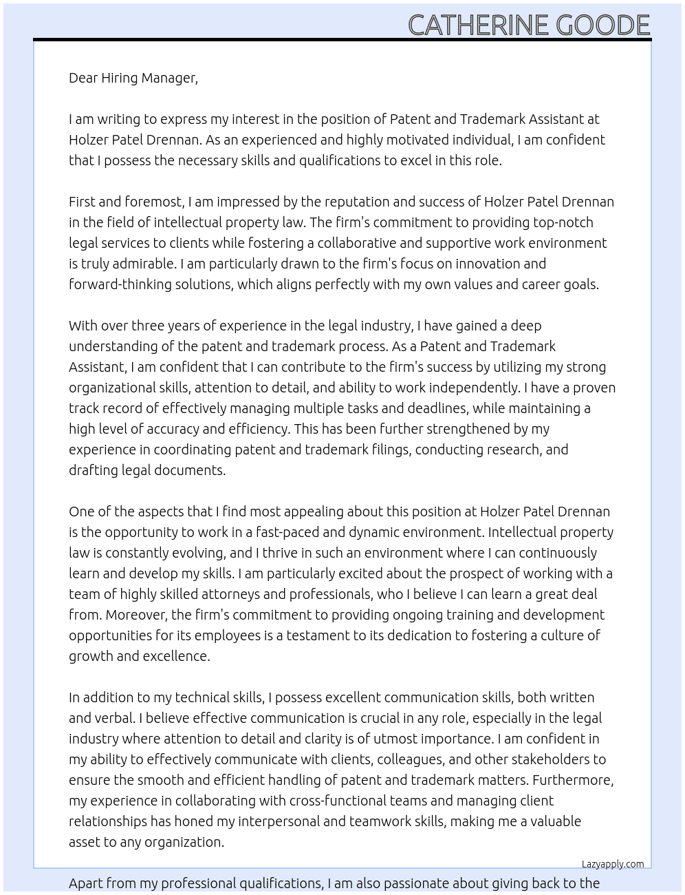 patent and trademark assistant At Holzer Patel Drennan Cover Letter