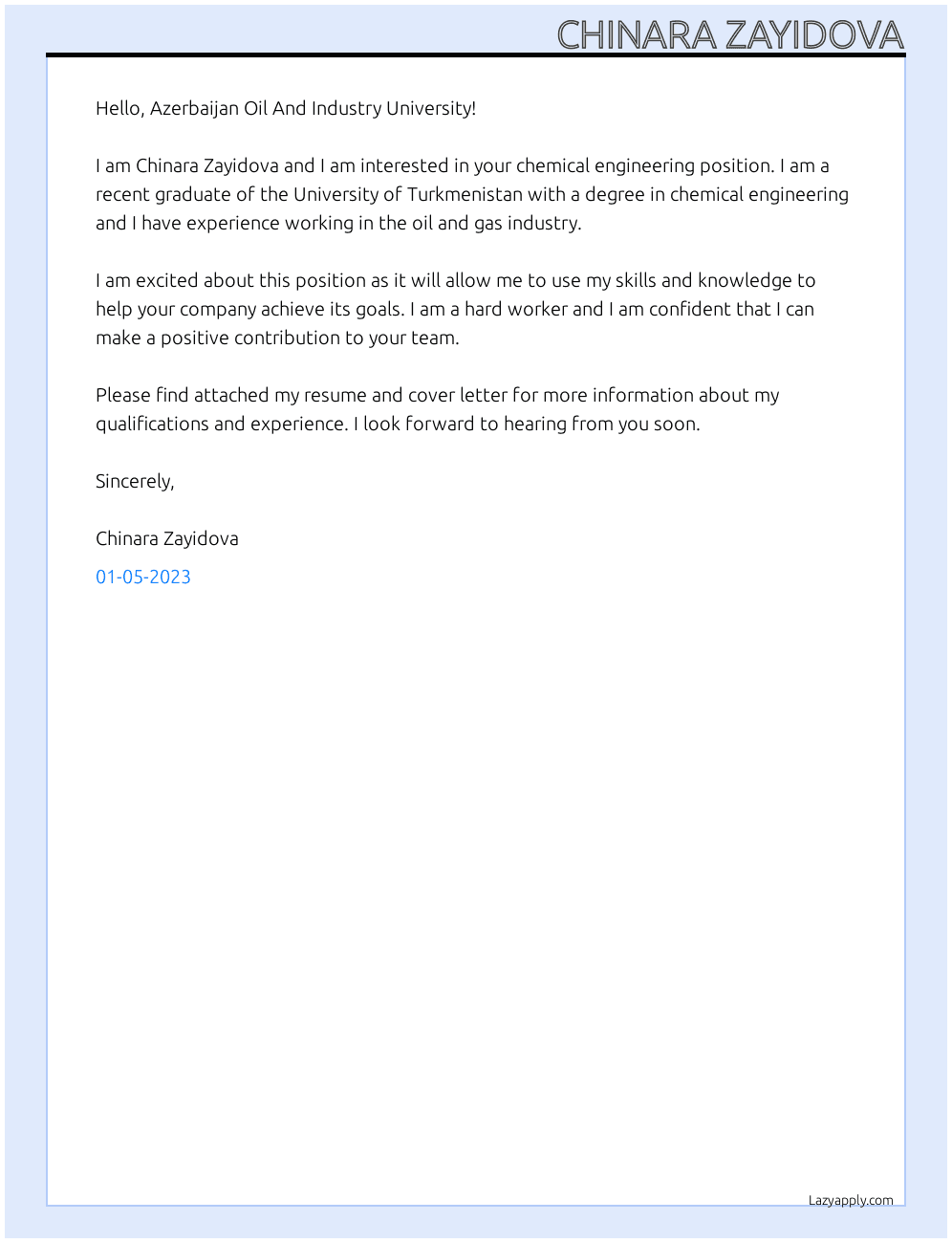 chemical engineer At Azerbaijan Oil And Industry University Cover Letter