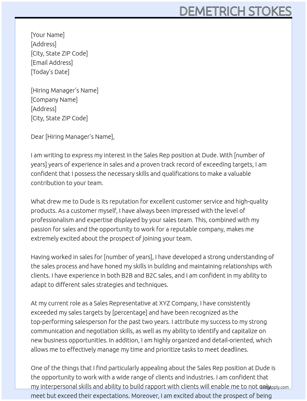 Sales Rep  At Dude  Cover Letter