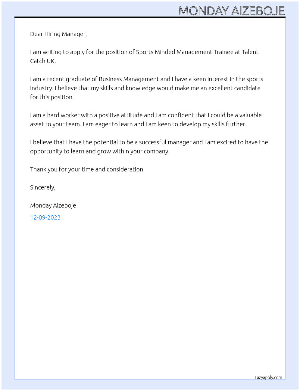 Sports Minded Management Trainee At Talent Catch UK Cover Letter