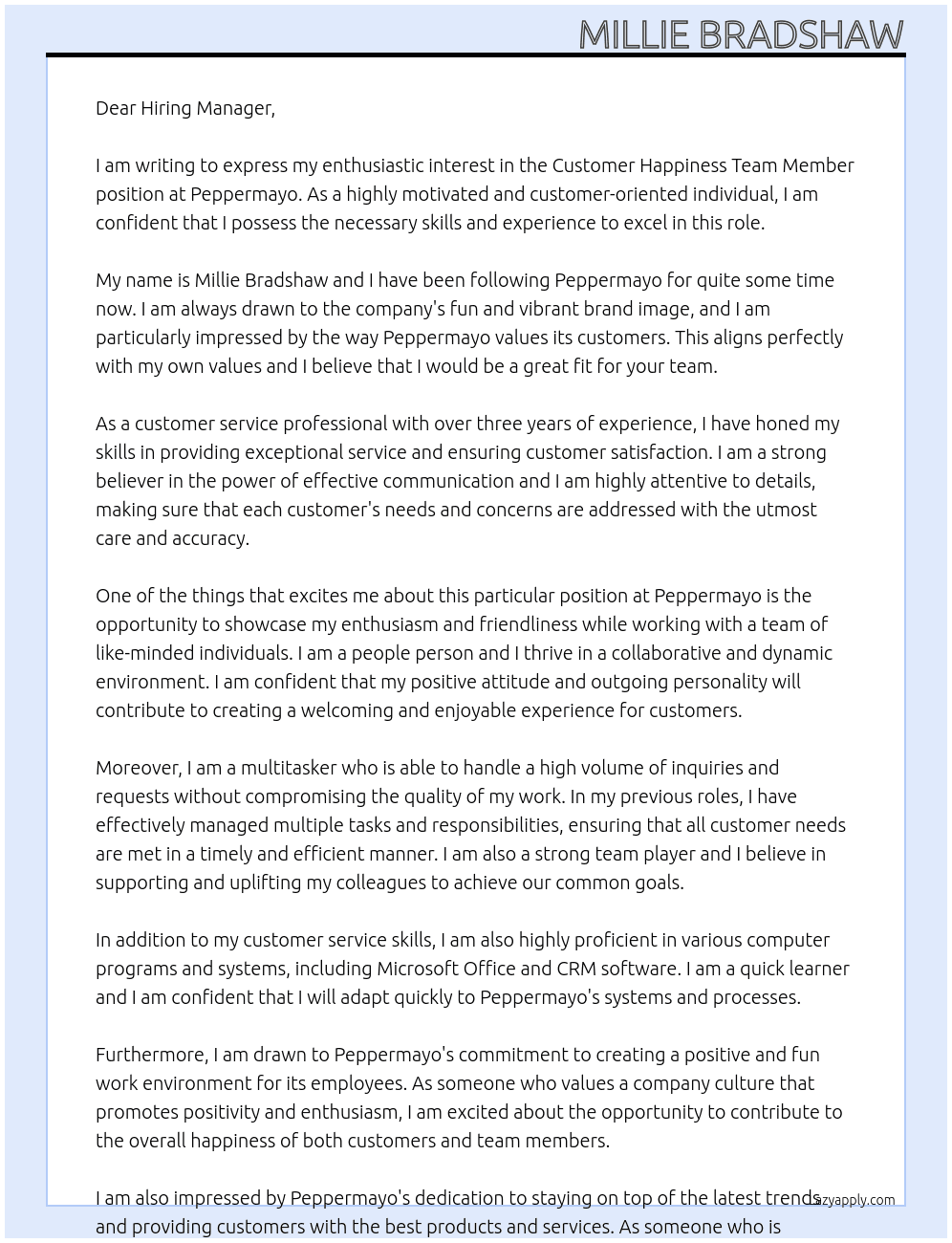 customer happiness team member At peppermayo  Cover Letter