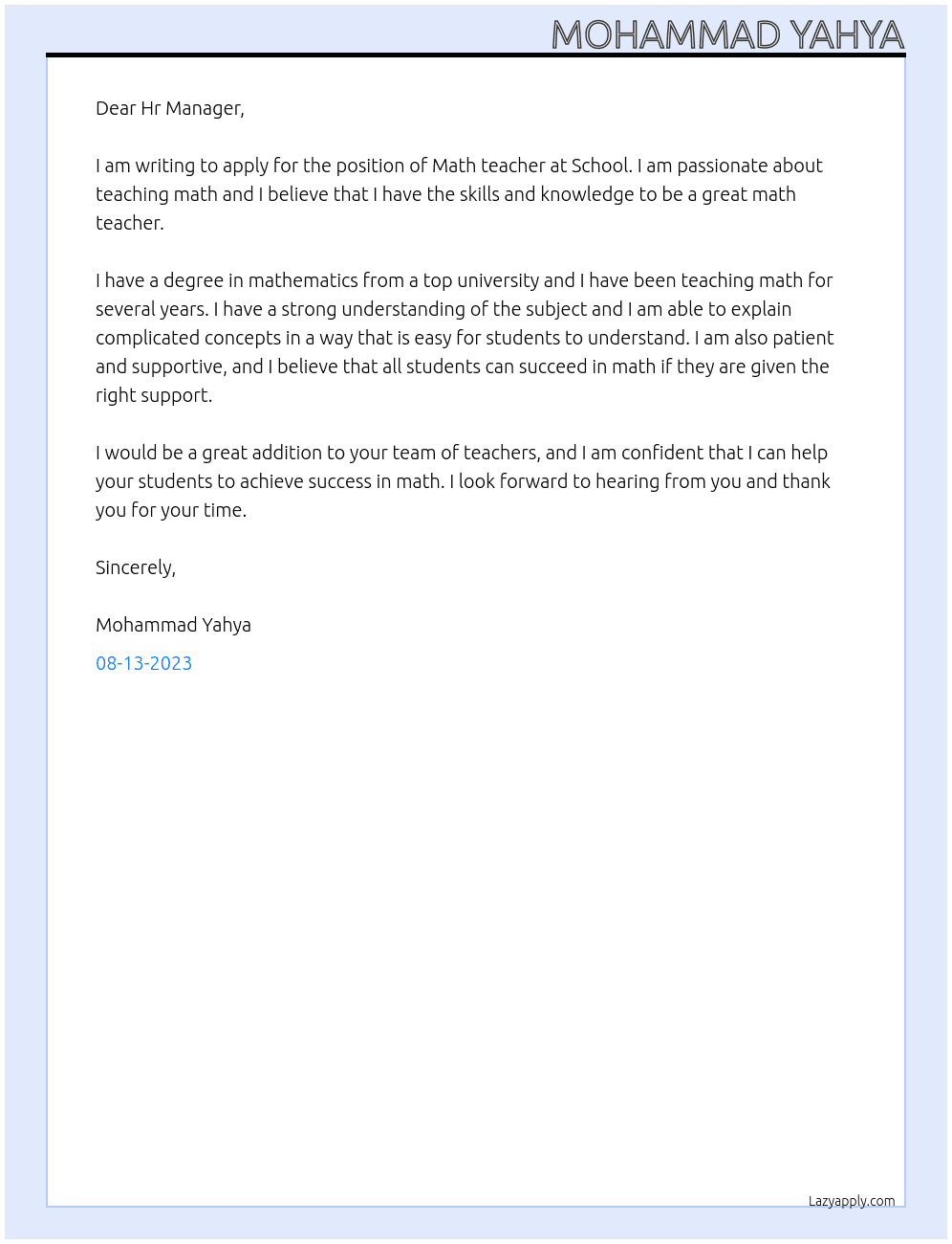 Math teacher At School Cover Letter