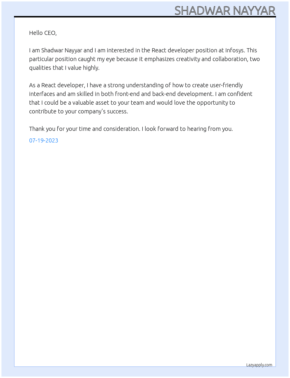 React developer At Infosys Cover Letter