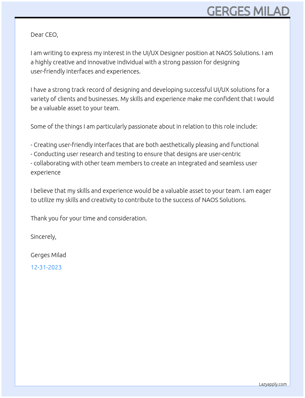 ui ux designer At NAOS Solutions Cover Letter
