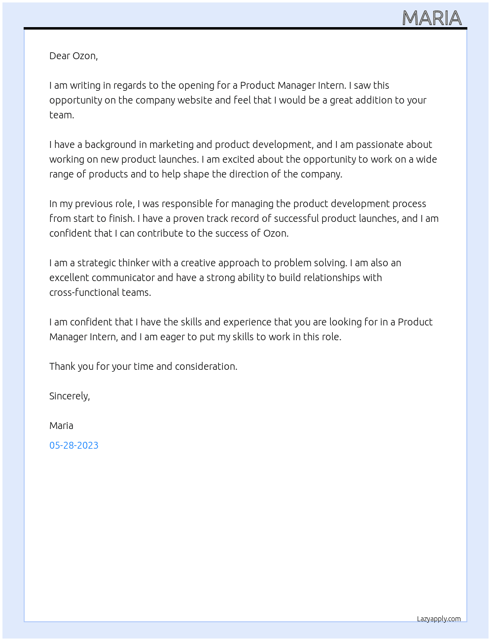 product manager intern At Ozon Cover Letter