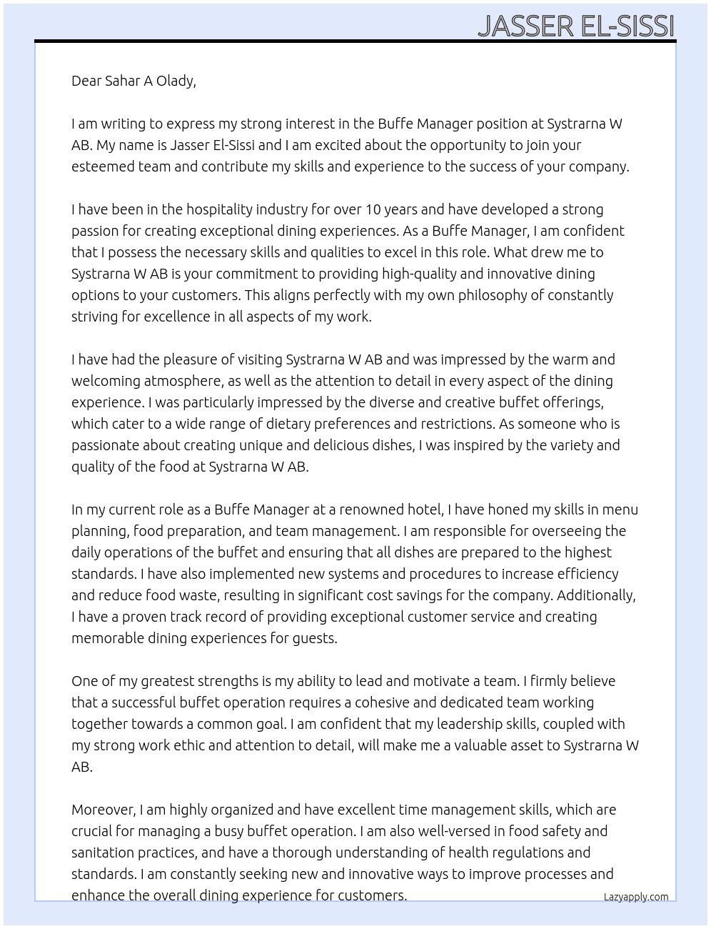 Buffe manager At Systrarna W AB Cover Letter