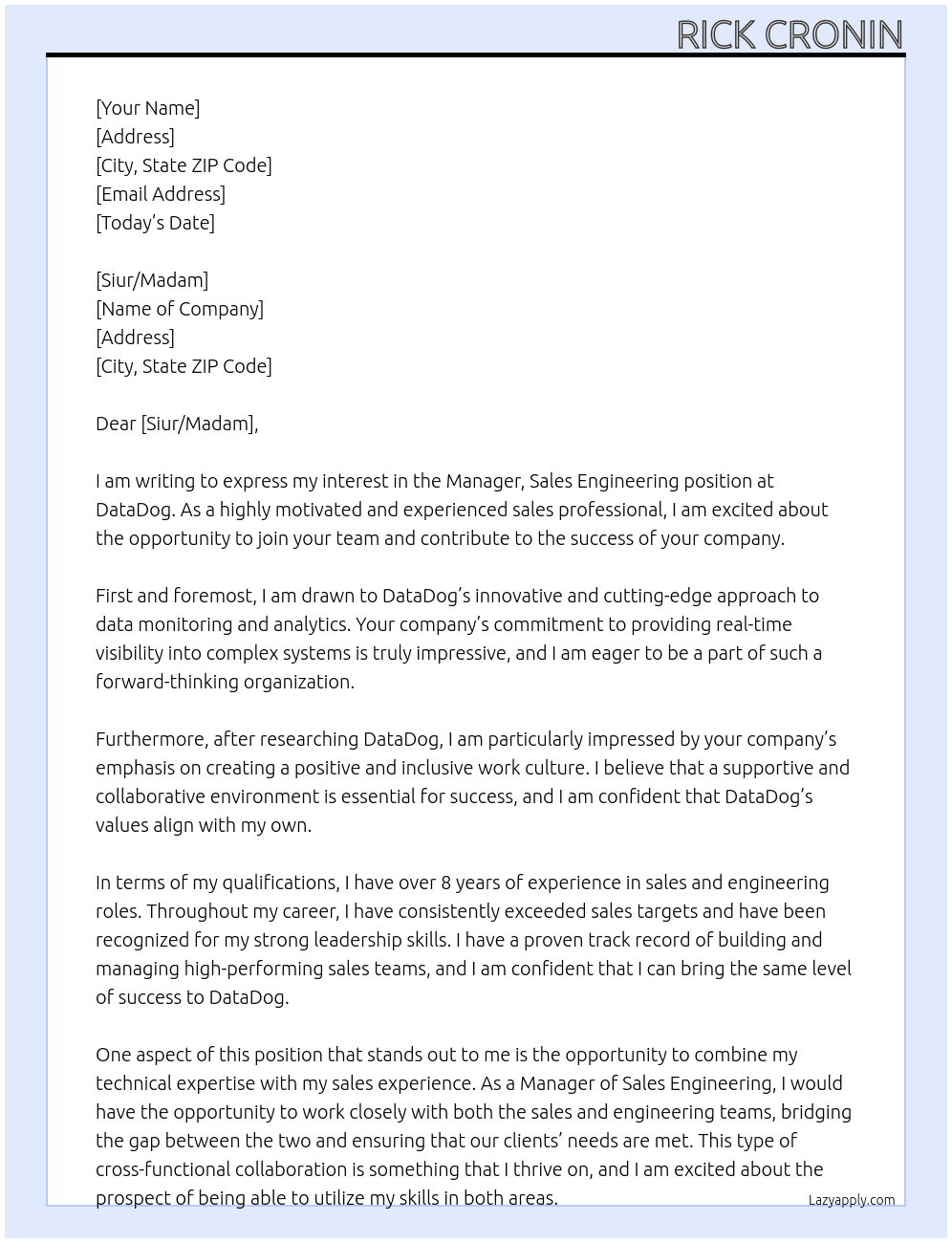 Manager, Sales Engineering At DataDog Cover Letter