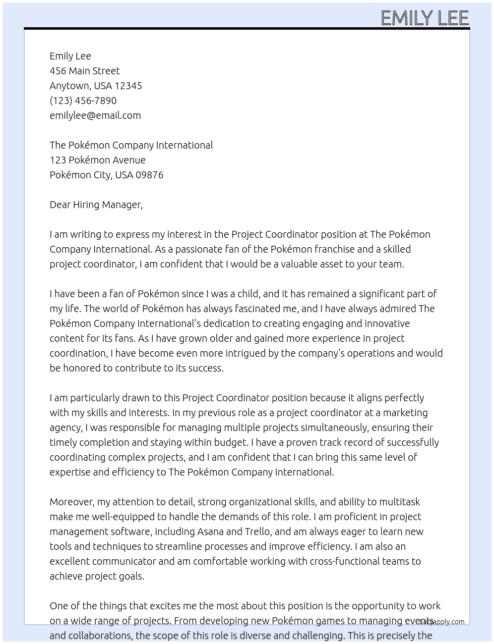Project Coordinator At The Pokémon Company International Cover Letter