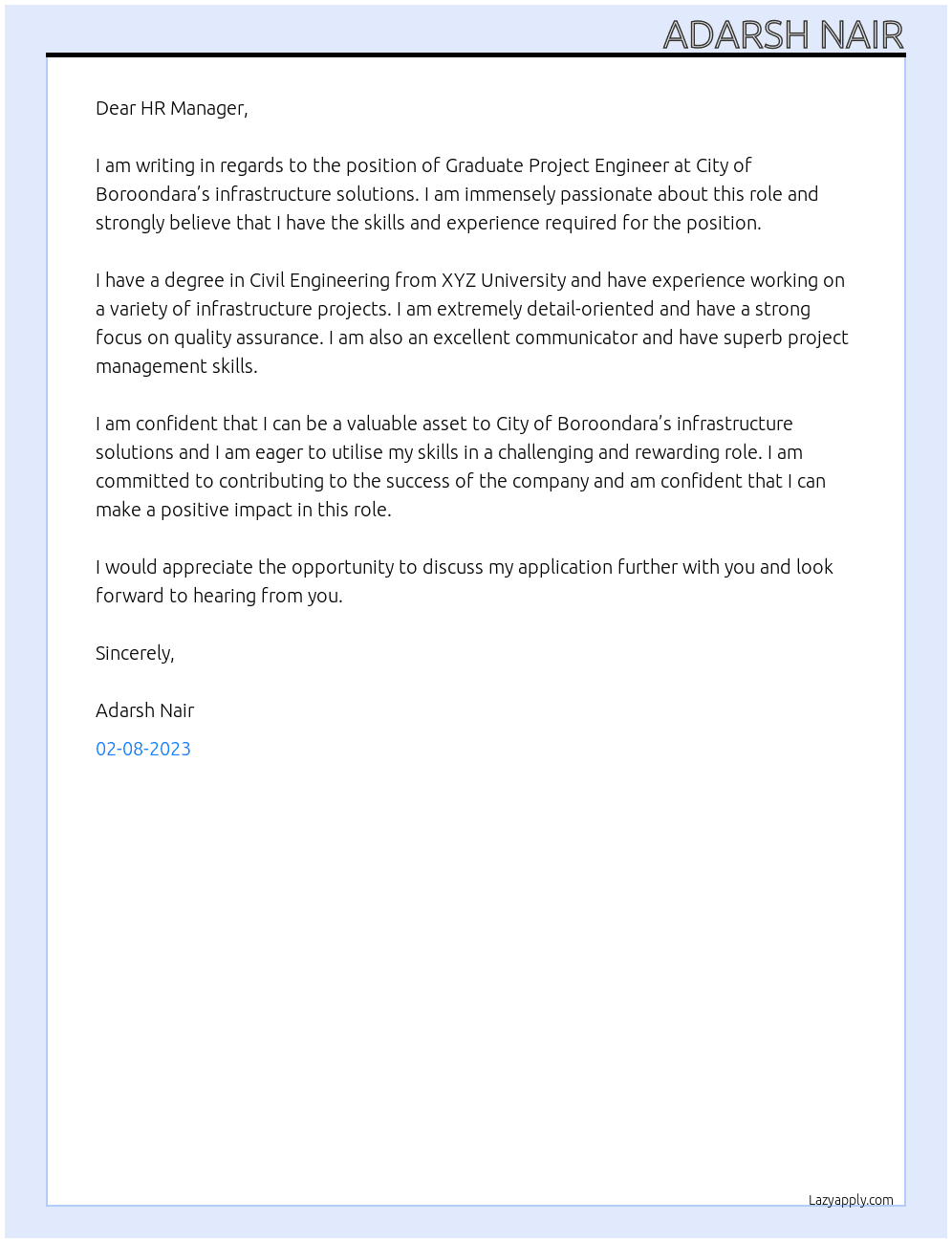 Graduate Project Engineer At City of Boroondara’s infrastructure solutions Cover Letter