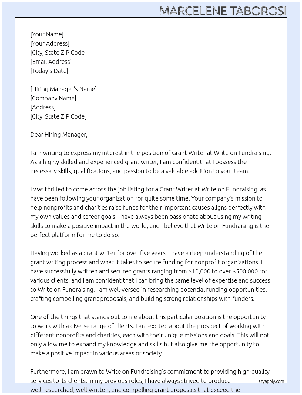 Grant Writer  At Write on Fundraising  Cover Letter