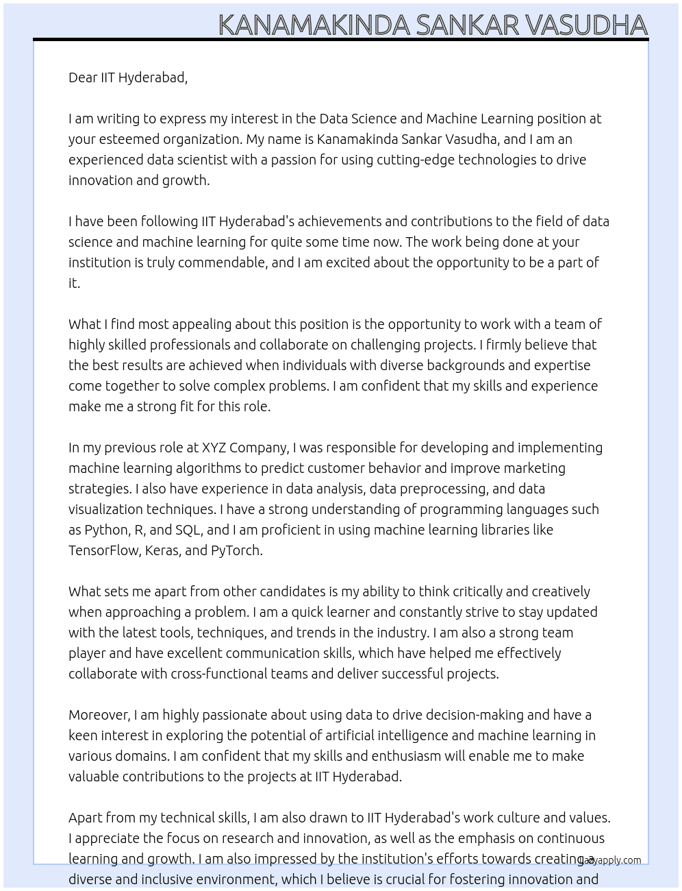 data science and machine learning At IIT Hyderabad Cover Letter