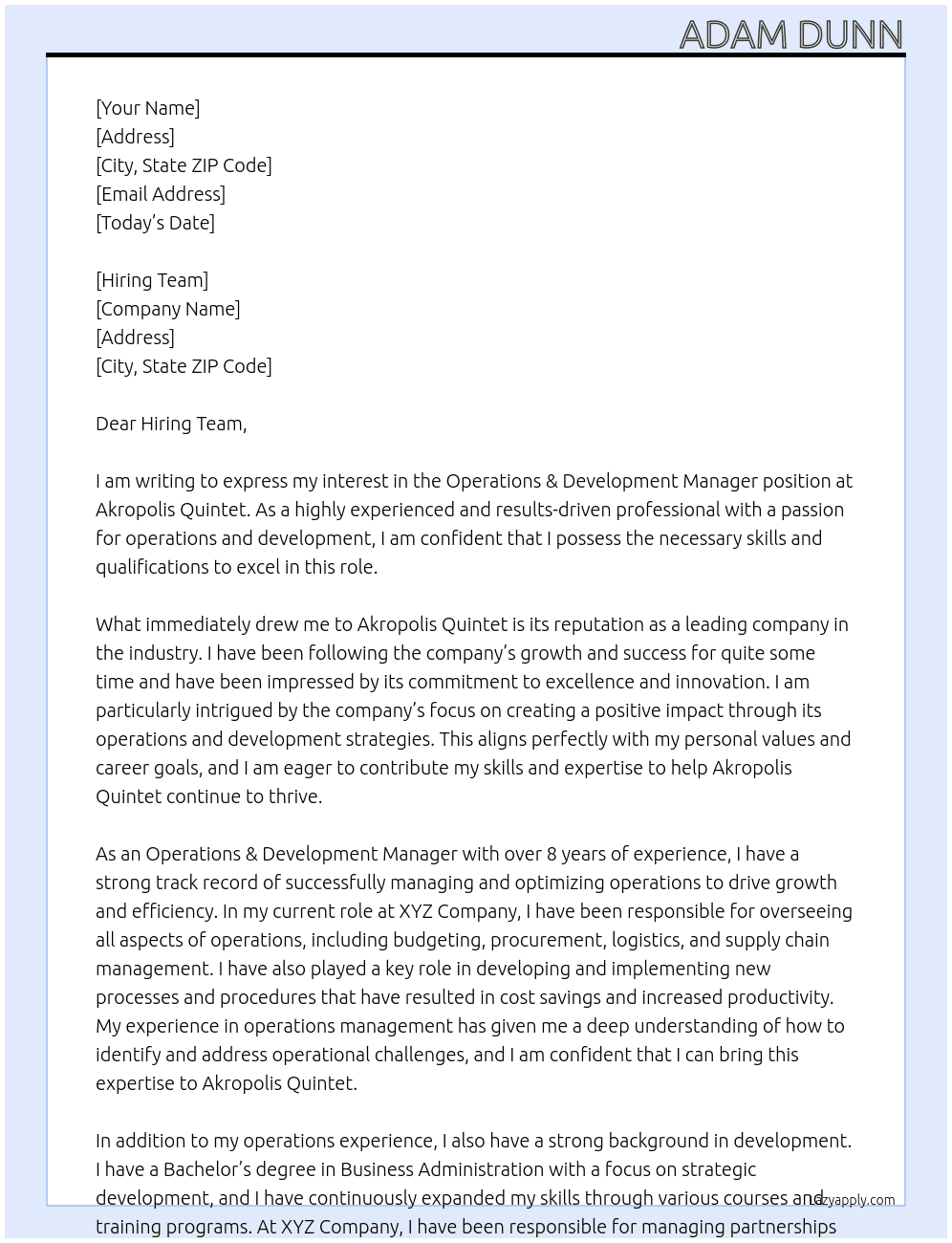 Operations & Development Manager At Akropolis Quintet Cover Letter