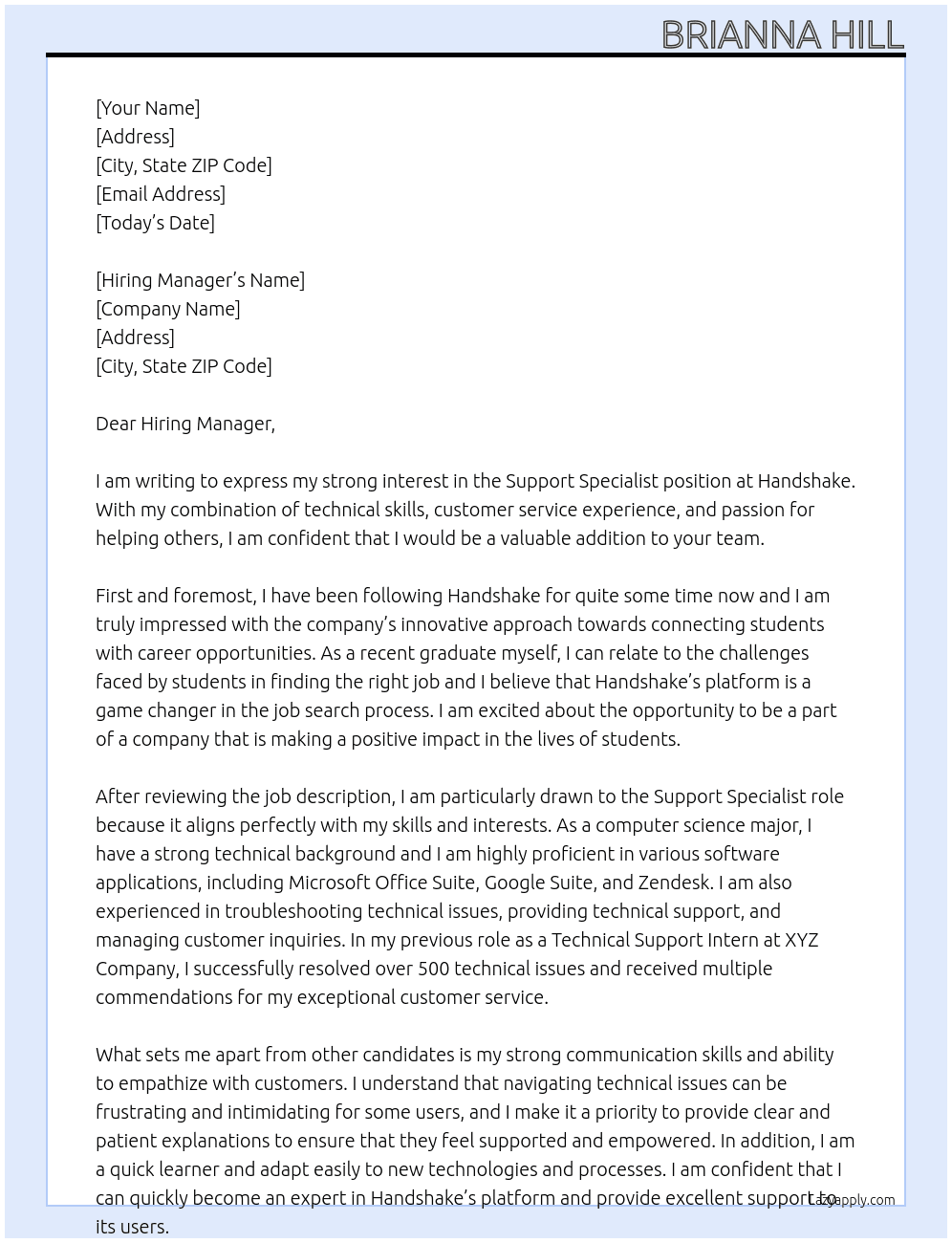 Support Specialist  At Handshake  Cover Letter